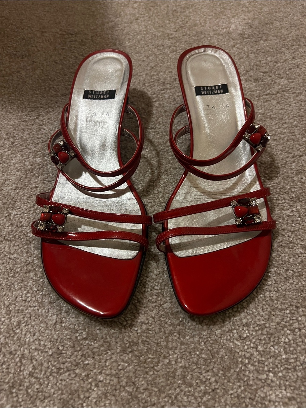Stuart Weitzman Red Patent Strappy Gem Detail Sandals